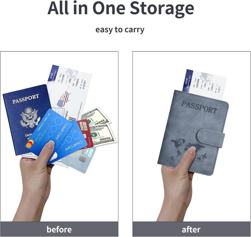 KAOBAN Passport Holder, Passport Cover with Credit Card Slot and Boarding Pass Slot Combo, Passport Wallet Case Book Travel Must Have, RFID Blocking Leather Travel Accessories, Navy Grey - Image 3